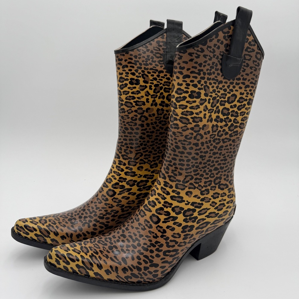 Corkys Rodeo Cheetah Print Western Rain Boots Brown Leopard 80-1500 Size 10 EUC